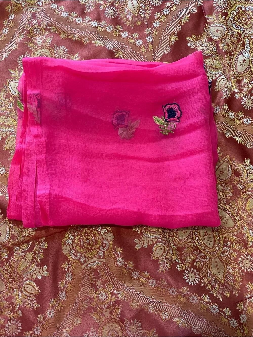 Bright Pink Embroidered Sheer Scarf or dupata/ Wrap - Picture 5 of 5